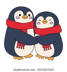 Cute cartoon penguin wearing red scarf. Penguin wearing red scarf coloring pages for kids. Trace and color penguin. Cute penguin couple in love wearing red scarf. Cute happy Penguins couple hugging.