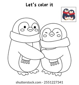 Pinguim bonito de desenho animado usando cachecol vermelho. Pinguim vestindo páginas de coloração vermelha do cachecol para crianças. Pinguim de traço e cor. Casal de pinguins bonito apaixonado usando cachecol vermelho. Bonito casal de pinguins feliz abraçando.