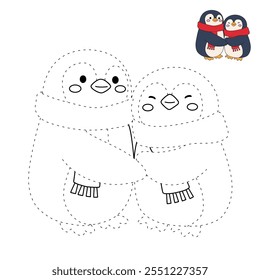 Cute cartoon penguin wearing red scarf. Penguin wearing red scarf coloring pages for kids. Trace and color penguin. Cute penguin couple in love wearing red scarf. Cute happy Penguins couple hugging.