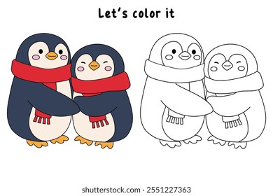 Cute cartoon penguin wearing red scarf. Penguin wearing red scarf coloring pages for kids. Trace and color penguin. Cute penguin couple in love wearing red scarf. Cute happy Penguins couple hugging.