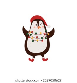 Cute cartoon penguin wearing a Santa hat, decorated with colorful Christmas lights, perfect for holiday-themed designs and festive decorations.