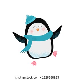 Cute cartoon penguin wearing scarf and hat, dancing and having fun. Winter concept. Vector illustration can be used for topics like holiday, vacation, Christmas or New Year party