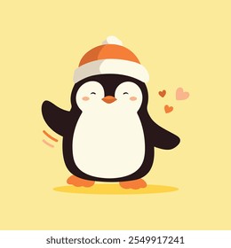 Cute cartoon Penguin wearing a warm hat, wild animal baby penguin. Wild nature little penguin vector illustration isolated on yellow background.