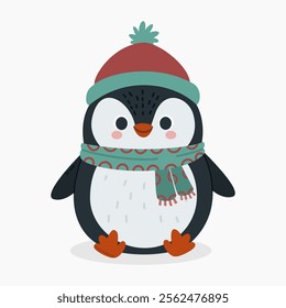 Cute cartoon penguin wearing a warm scarf and beanie vector illustration isolated on white background	