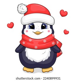 Cute cartoon penguin wearing a winter red hat and scarf. Vector illustration of an animal on a white background with hearts.
