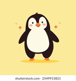 Lindo pingüino de dibujos animados, pingüino bebé animal salvaje. Naturaleza salvaje pequeña Ilustración vectorial de pingüino aislado sobre fondo amarillo.