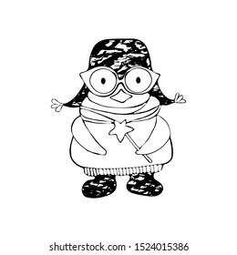 Cute cartoon penguin in winter clothes with a magic wand. Winter illustration for design on the theme of Christmas and New year. Hand-drawn black and white art line in vector. Kids coloring page. 