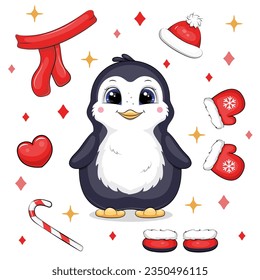 Cute cartoon penguin with winter clothes. Christmas vector illustration of an animal with scarf, mittens, hat, shoes and candy cane on a white background.