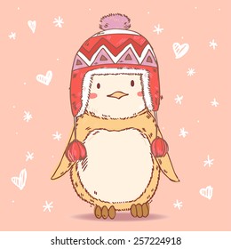 Cute cartoon penguin in winter funny hat. Vector illustration