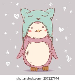 Cute cartoon penguin in winter funny cat hat. Vector illustration