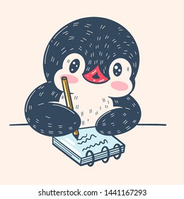 Cute cartoon penguin writes in pencil in a notebook. Vector illustration.