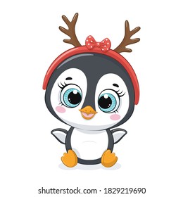 Cute cartoon penguin with xmas antler
