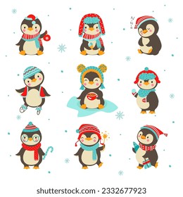 Cute cartoon penguin, xmas penguins holiday kit. Winter animals, xmas happy characters in scarf and hats. Funny children stickers nowaday vector set