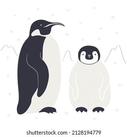 Cute cartoon penguins, Antarctic landscape, isolated. Hand drawn vector illustration. Winter animal character, wildlife, nature. Design concept kids fashion, textile print, poster, card, baby shower.