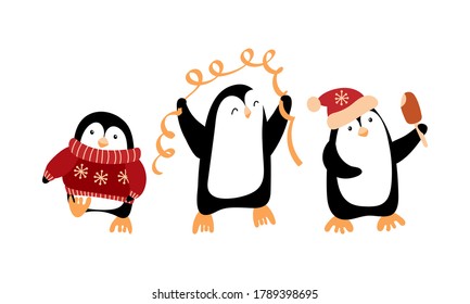 Cute cartoon penguins celebrating Christmas. Funny characters isolated on white background. Vector illustration.