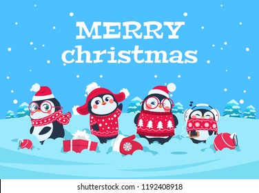 Cute cartoon penguins. Christmas baby penguin arctic characters in snowy winter landscape. Merry christmas greeting vector card. Merry christmas penguin character, snowy landscape illustration