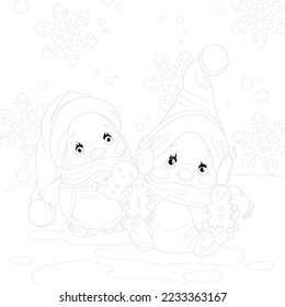 Cute cartoon penguins in Christmas hats and scarf with gingerbread man cookies sketch template. Vector illustration in black and white for game, pattern, decor. Coloring paper, page, story book, print
