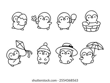 Cute cartoon penguins engaging in various fun activities in different seasons