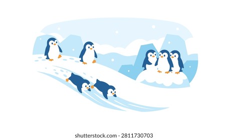 Cute cartoon penguins enjoy playing in the snow with some sliding down a hill and others standing near icy glaciers in a winter landscape.