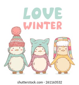 Cute cartoon penguins friends in winter funny hats together. Vector illustration with text love winter