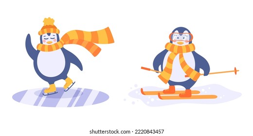 Cute cartoon penguins ice skating and skiing