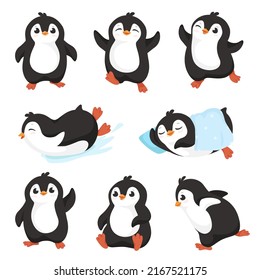 Cute cartoon penguins. Little penguin character with happy smile, aquatic flightless bird mascot vector set of baby penguin, animal cute cartoon, character little and funny bird isolated