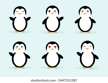 Cute cartoon penguins. Little penguin character with different emotions, cute animal cartoon, small and funny bird isolated on blue background.