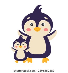 Cute cartoon penguins mom and baby. Vector illustration.