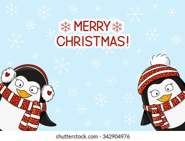 Cute cartoon penguins on snow background