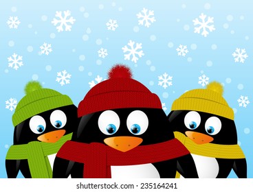 Cute cartoon penguins on winter background