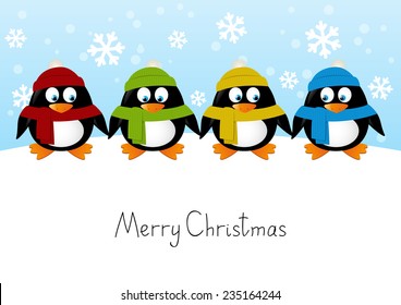 Cute cartoon penguins on winter background