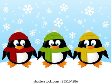 Cute cartoon penguins on winter background