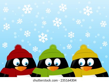 Cute cartoon penguins on winter background