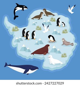 Cute cartoon penguins and sea animals in the world. Vector illustration.