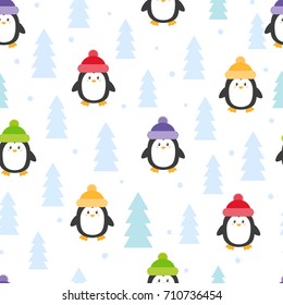 Cute cartoon penguins seamless pattern. Vector winter holiday background.