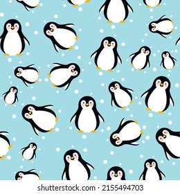 Pingüinos de dibujos animados. Este es un fondo vectorial sin fisuras con pingüinos divertidos, copos de nieve