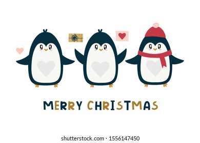 Cute cartoon penguins vector prints, winter holidays. Ideal for children’s books, cards, apparel and cloth. 