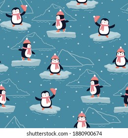 Los pingüinos de dibujos animados están usando sombreros y bufandas, parados en los hielos cerca de los icebergs, patinando, ondeando. Es el fondo vectorial sin fisuras con pingüinos divertidos, copos de nieve e icebergs.