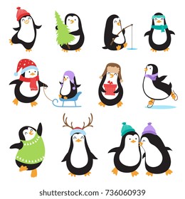 Cute Cartoon Penguins. Winter Holidays Vector Animals Set. Penguin Character And Xmas Mascot Bird Illustration