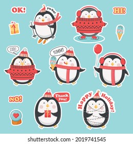 Cute cartoon penguins in winter outfits. Vector set of stickers. Different clothes, different poses, winter activities, holiday, text. Flat design. All elements are isolated on a colored background.