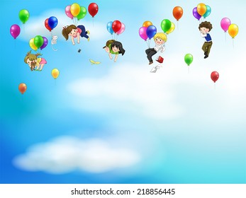 Cute cartoon people and children floating with colorful balloons in the sky with balloons background, create by vector