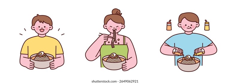  Cute cartoon people eating Korean cold noodles naengmyeon in summer with happy expressions. Flat vector illustration.