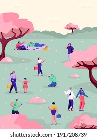 Cute cartoon people walking in the spring park with blossom. Funny characters outdoor for picnic, vacation, sport, photography. Relaxing and spending time outside. Vector flat illustration.