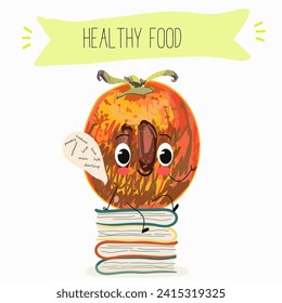 Cute  cartoon persimmon characters with different activities. Flat vector illustration, funny fruits. Organic food.