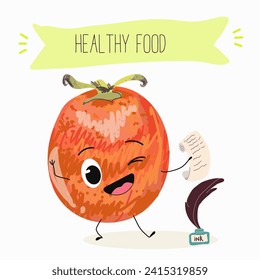 Cute  cartoon persimmon characters with different activities. Flat vector illustration, funny fruits. Organic food.