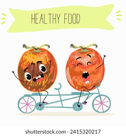 Personajes de dibujos animados con diferentes actividades. Ilustración plana vectorial, frutos divertidos. Comida orgánica.