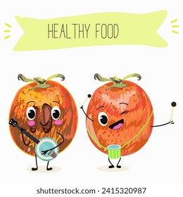Cute  cartoon persimmon characters with different activities. Flat vector illustration, funny fruits. Organic food.