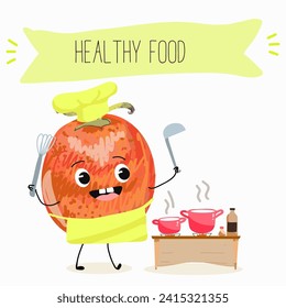 Cute  cartoon persimmon characters with different activities. Flat vector illustration, funny fruits. Organic food.