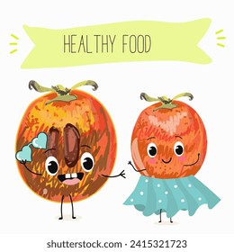 Cute  cartoon persimmon characters with different activities. Flat vector illustration, funny fruits. Organic food.