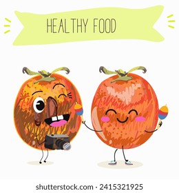 Cute  cartoon persimmon characters with different activities. Flat vector illustration, funny fruits. Organic food.